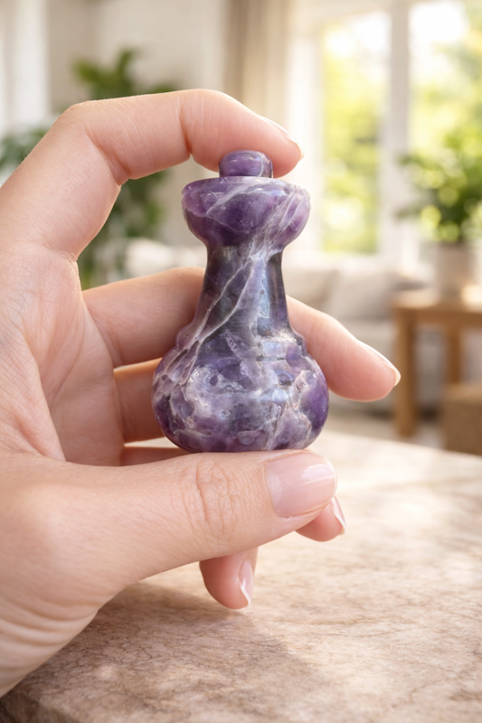 Hand holding a creativity Alchemy Pot™ Amethyst purple stone object with a blurred indoor background